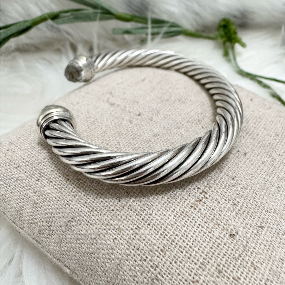 David Yurman 7mm Prasiolite .925 14K Classic Cable Cuff Bracelet - Picture 3 of 9